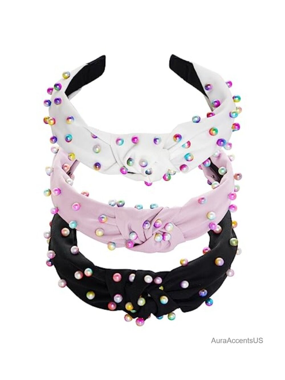 3 Pc Faux Pearl Knotted Headbands Jeweled Hair Accessories